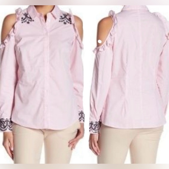 Nanette Lepore Cold Shoulder Pink Striped ButtonUp Top, Ruffled & Embroidered - Picture 2 of 10